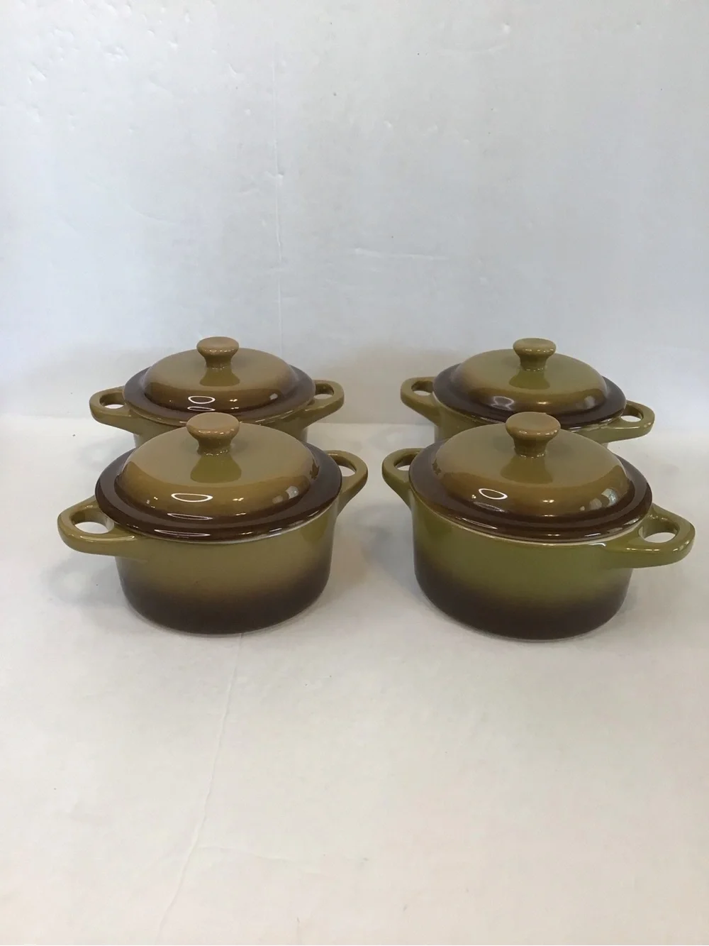 World Market Olive Green and Brown Mini Stoneware Casserole Set (4)